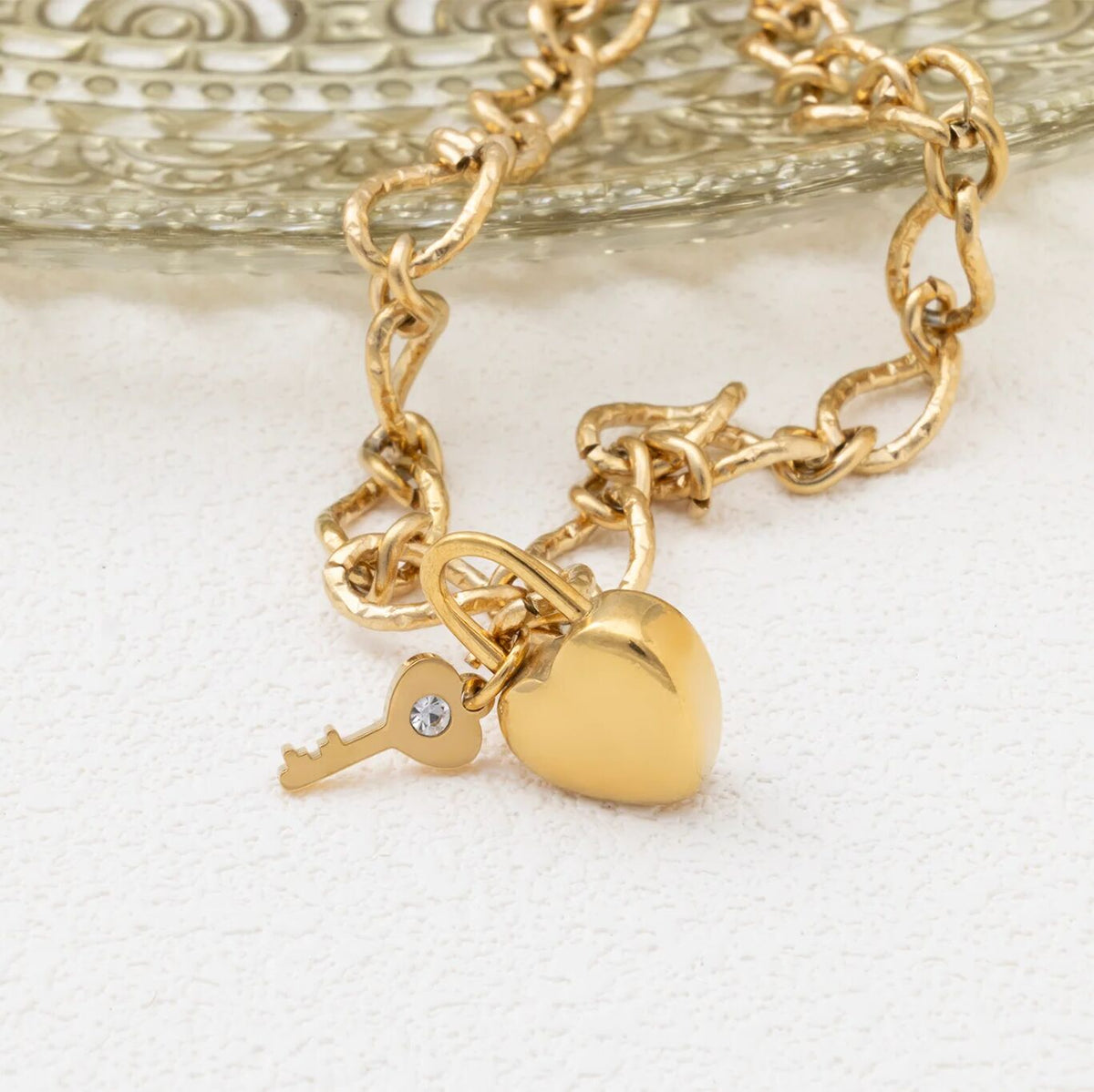 18K Gold PVD Stainless Steel Heart Lock and Key Charm- gold studio 