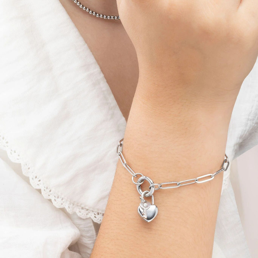 18K Gold PVD Stainless Steel Heart Lock and Key Charm- silver model 