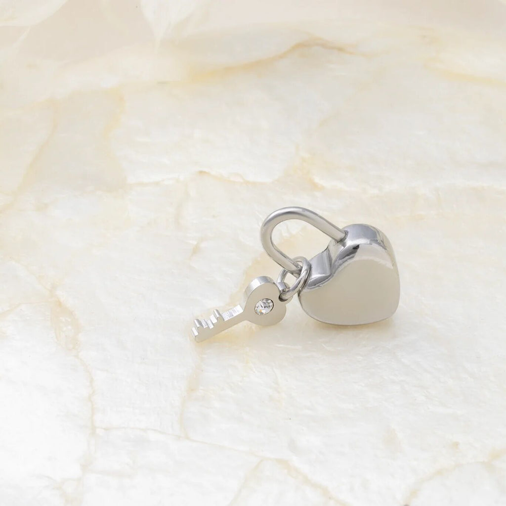 18K Gold PVD Stainless Steel Heart Lock and Key Charm- silver studio 