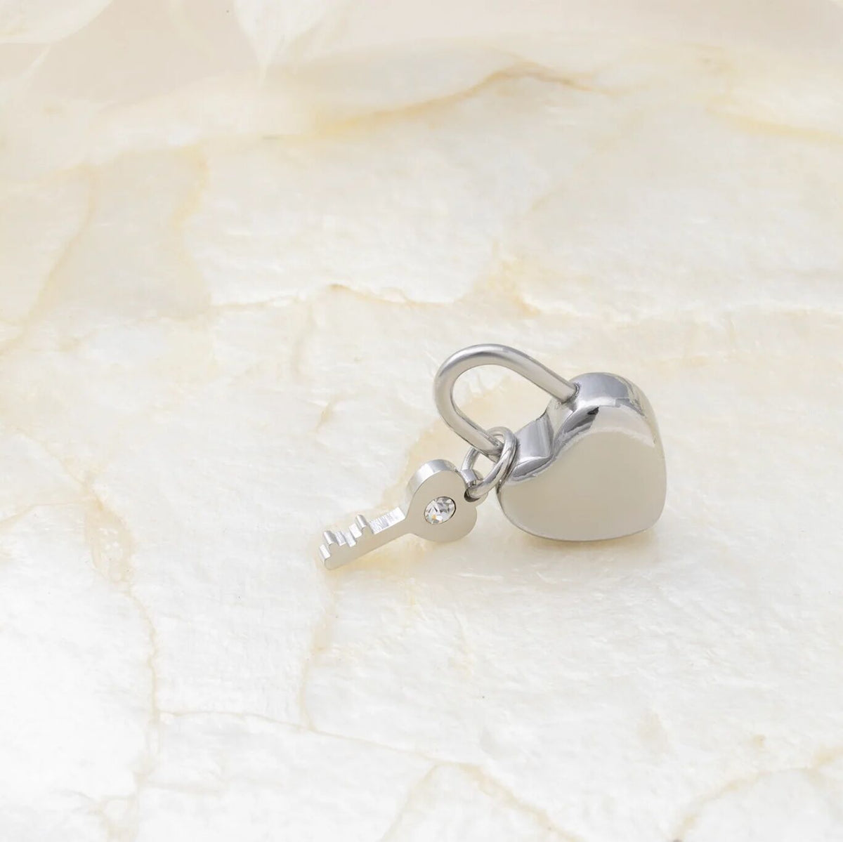 18K Gold PVD Stainless Steel Heart Lock and Key Charm- silver studio 