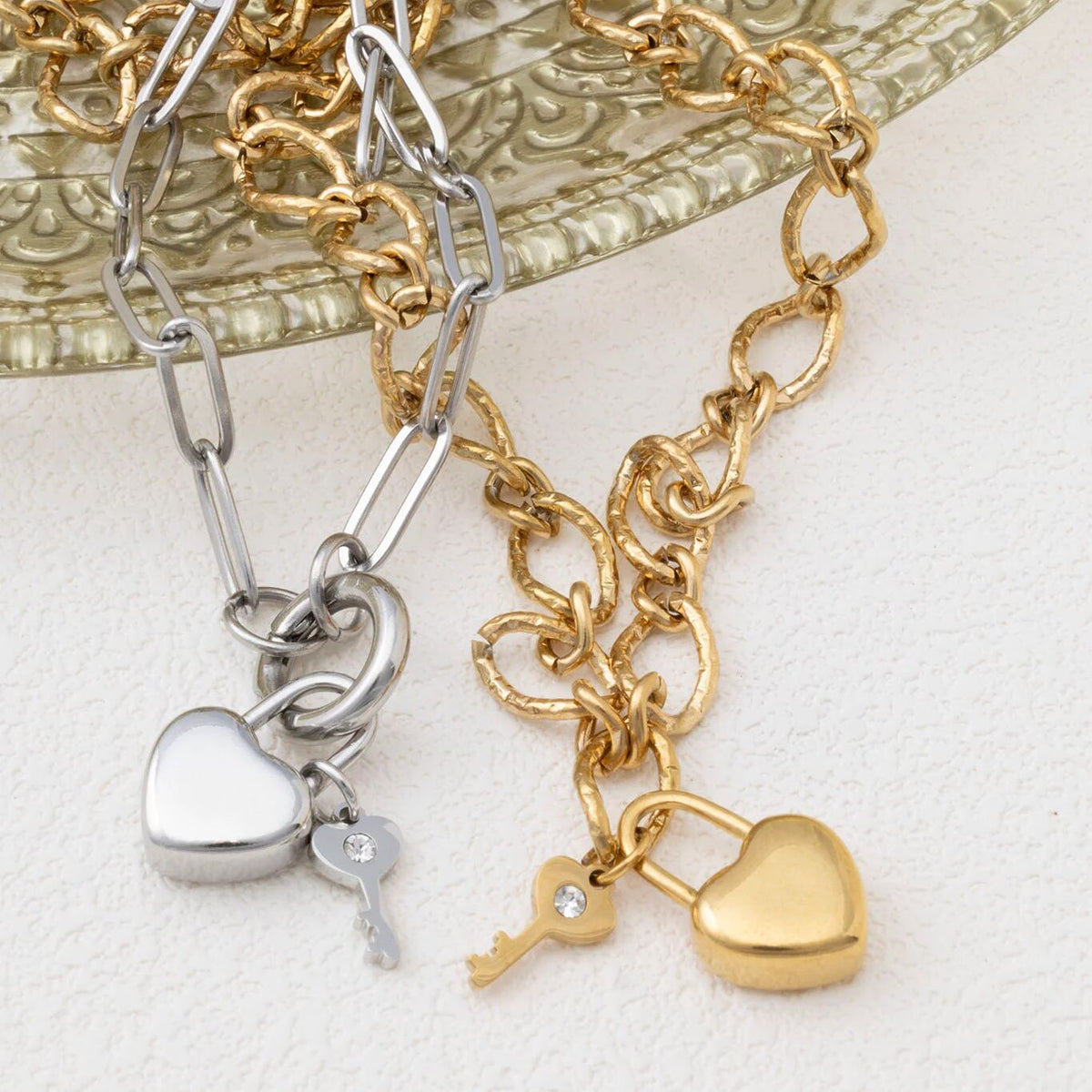 18K Gold PVD Stainless Steel Heart Lock and Key Charm- gold and silver studio 