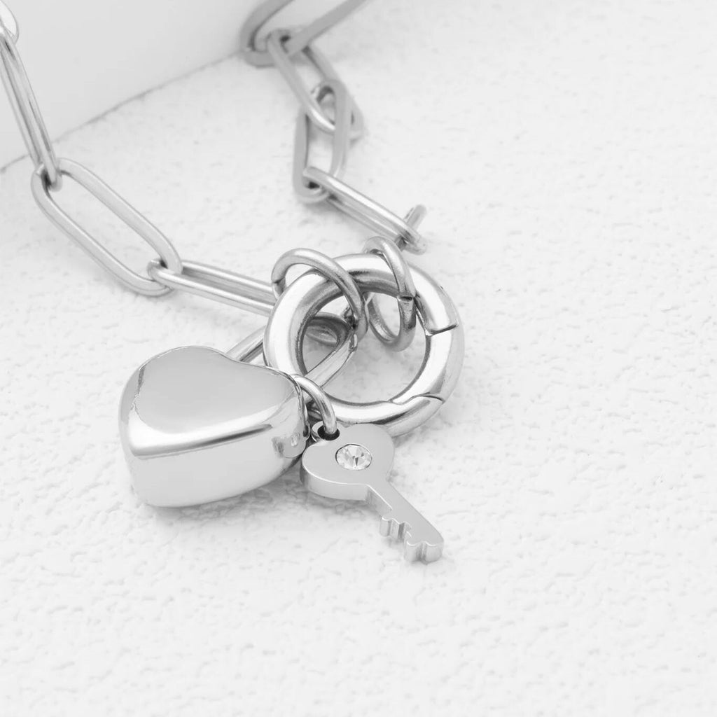 18K Gold PVD Stainless Steel Heart Lock and Key Charm- silver studio 