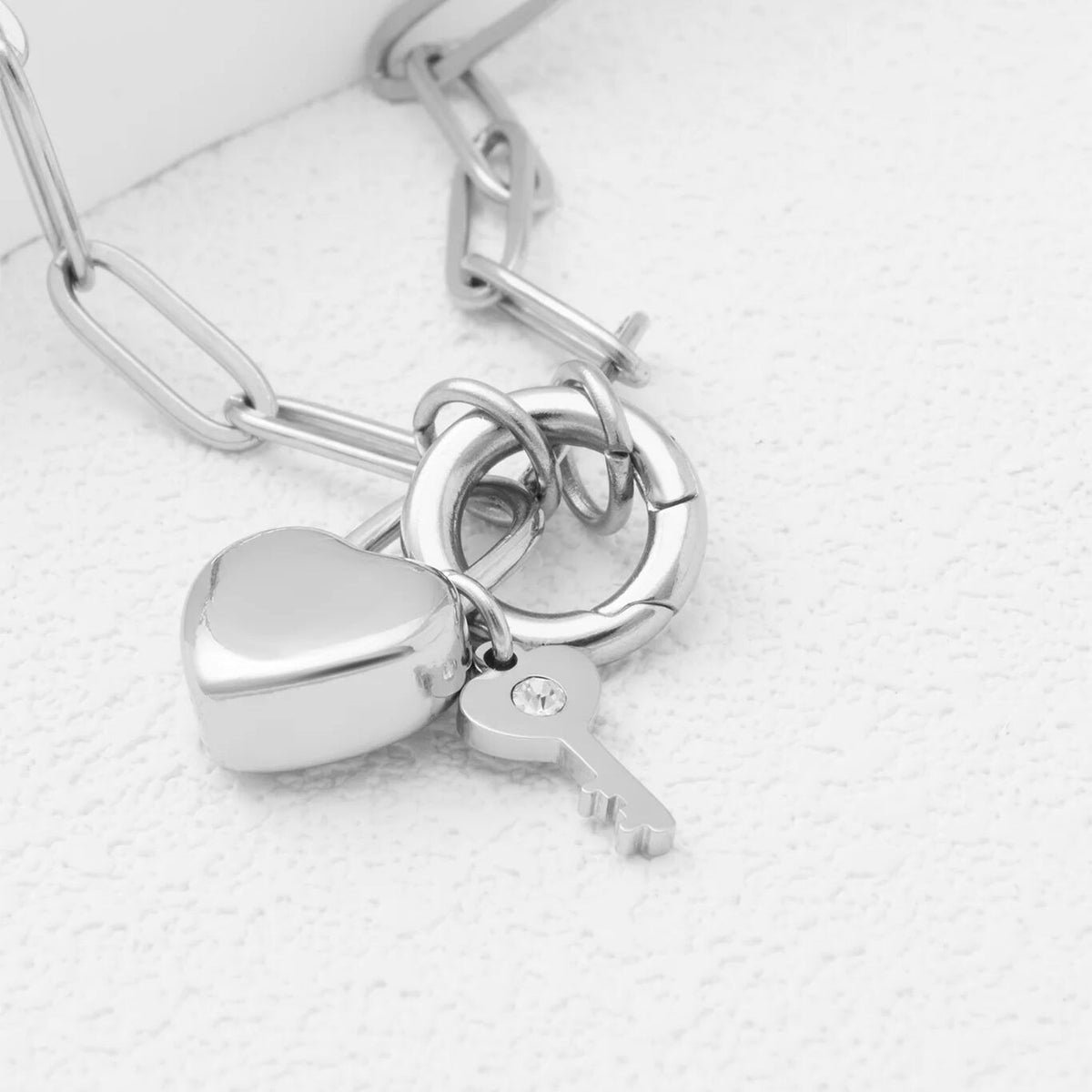18K Gold PVD Stainless Steel Heart Lock and Key Charm- silver studio 