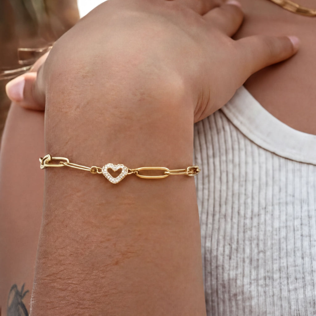 Heart Paperclip Bracelet: Adjustable Gold Chain (Clear Stone Accent) - | Sunflower Soul Boutique