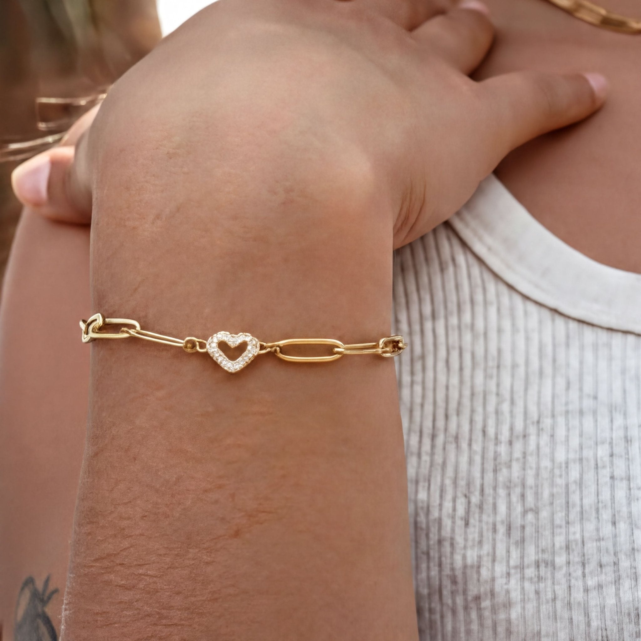 Heart Paperclip Bracelet: Adjustable Gold Chain (Clear Stone Accent) - | Sunflower Soul Boutique