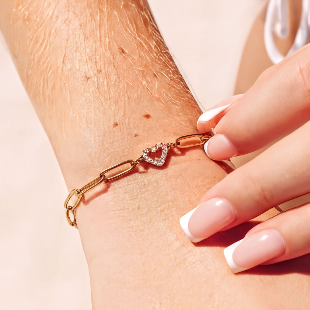 Heart Paperclip Bracelet: Adjustable Gold Chain (Clear Stone Accent) - | Sunflower Soul Boutique