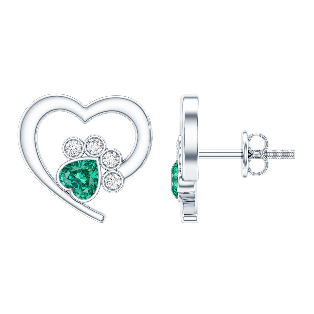 Heart Paw Stud Earrings – Lab Created Emerald & Moissanite Dog Paw Jewelry