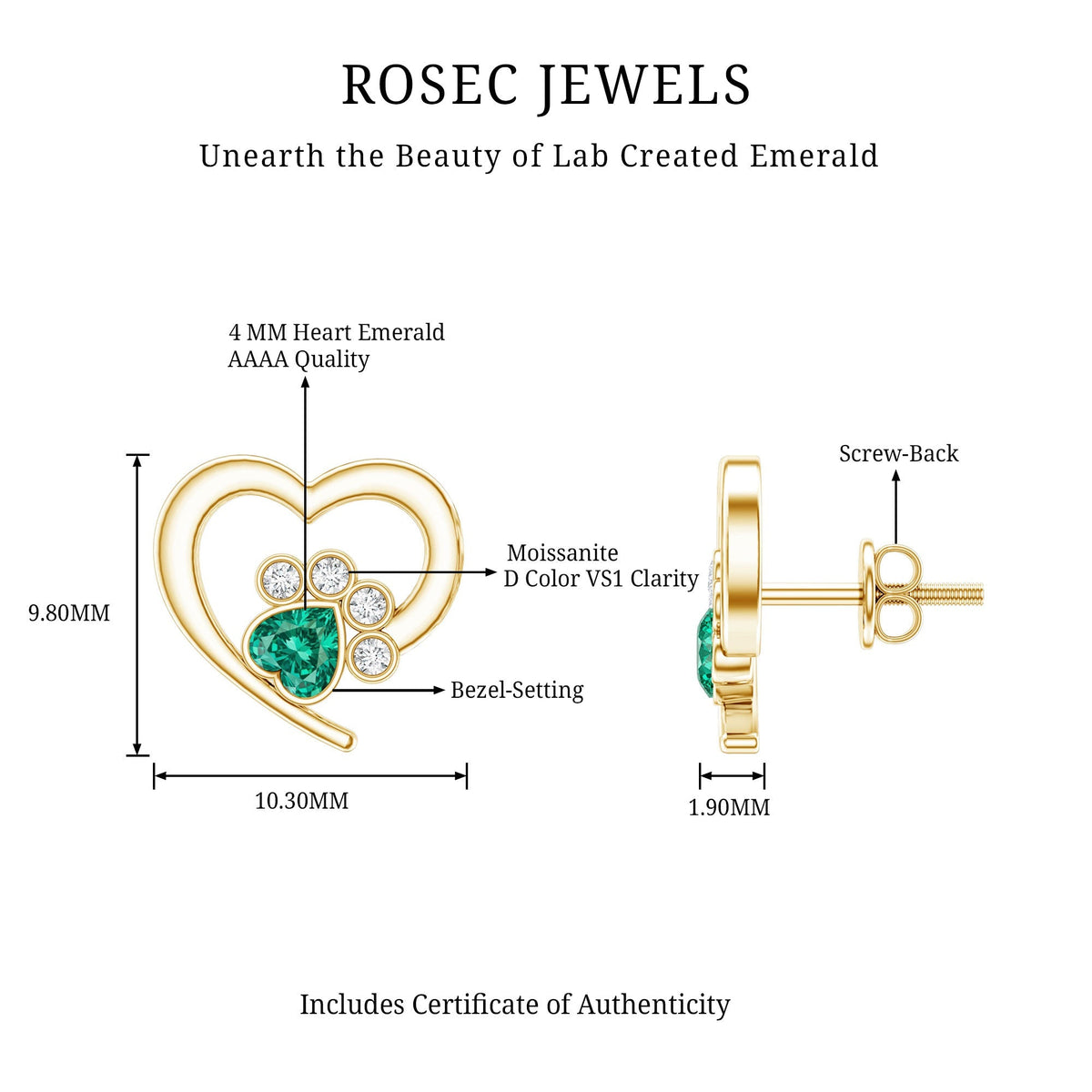 Heart Paw Stud Earrings – Lab Created Emerald & Moissanite Dog Paw Jewelry