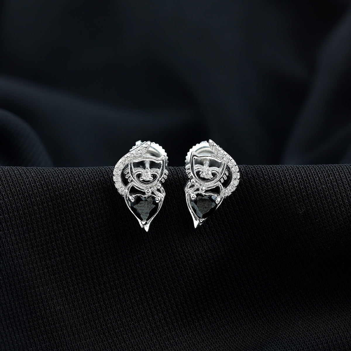Heart Shape Black Onyx and Diamond Cat Stud Earrings