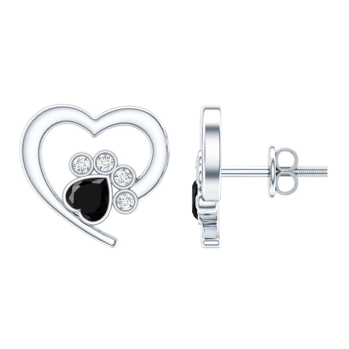 Heart Shape Black Spinel Paw Stud Earrings with Moissanite