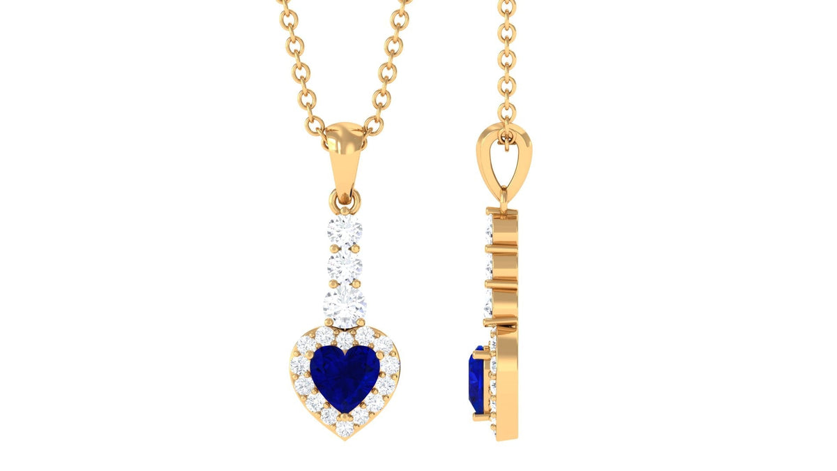 Heart Shape Created Blue Sapphire Drop Pendant Necklace with Diamond