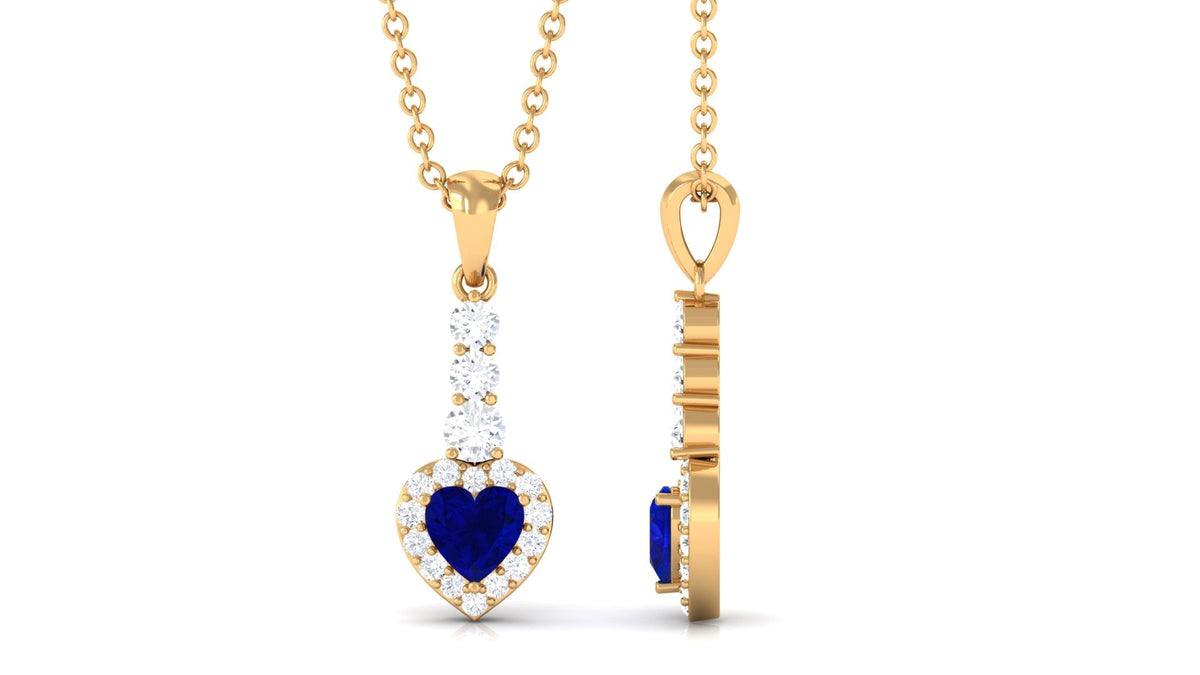 Heart Shape Created Blue Sapphire Drop Pendant Necklace with Diamond