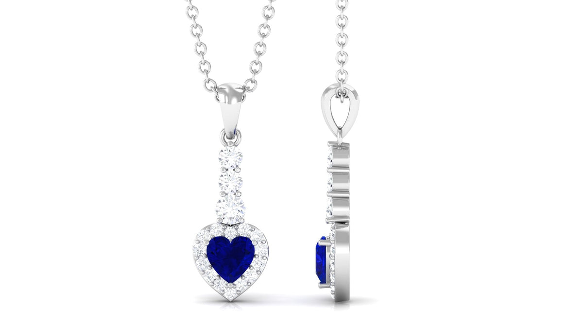Heart Shape Created Blue Sapphire Drop Pendant Necklace with Diamond
