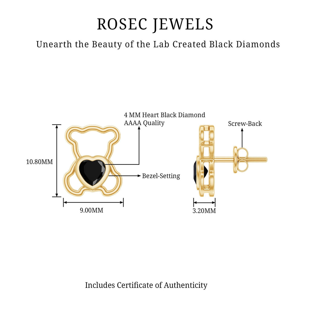 Heart Shape Lab Created Black Diamond Teddy Bear Stud Earrings