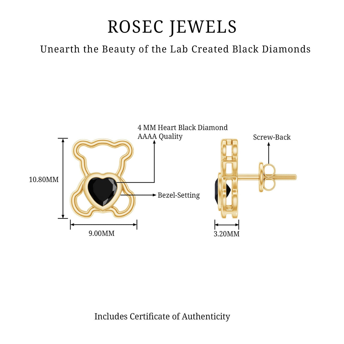 Heart Shape Lab Created Black Diamond Teddy Bear Stud Earrings