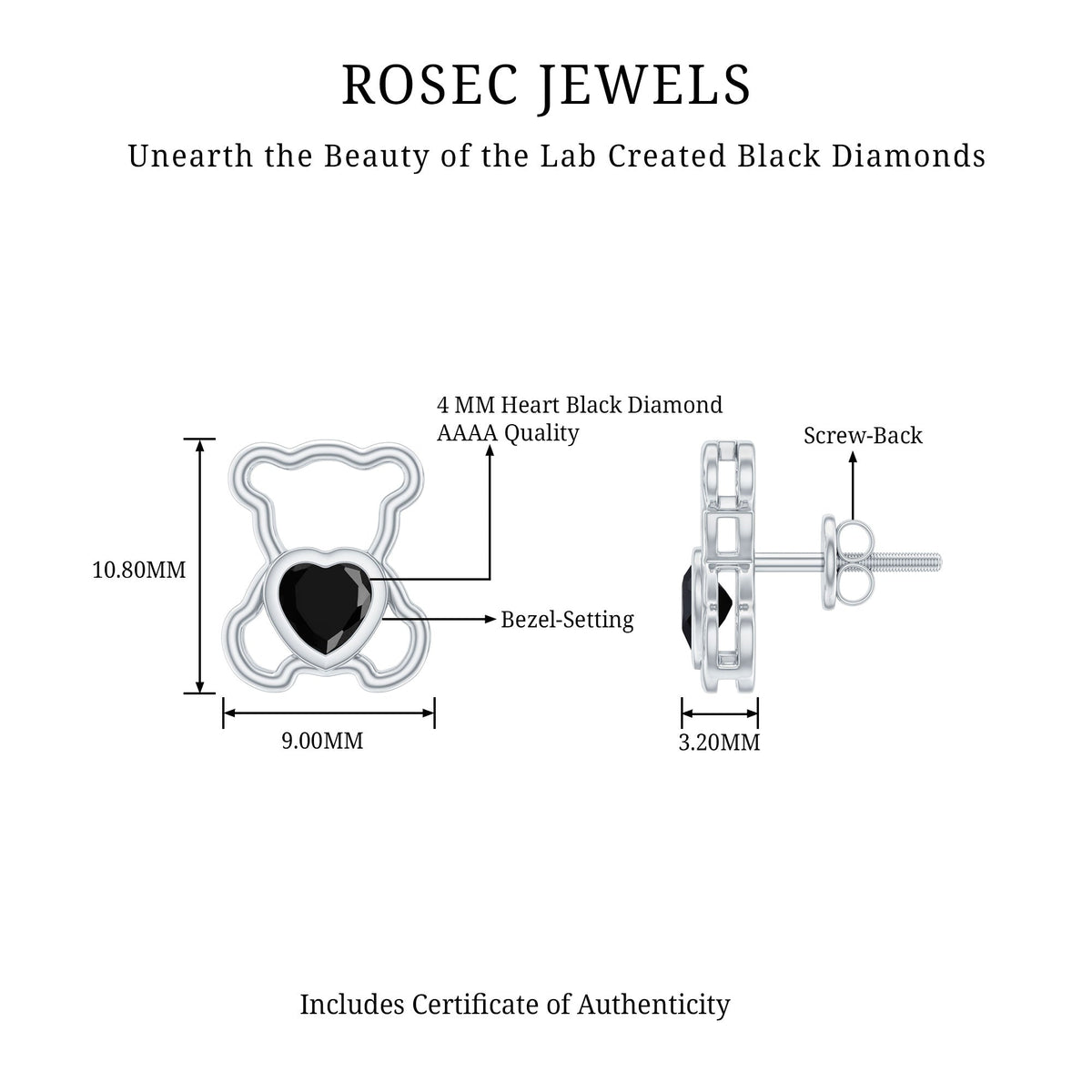 Heart Shape Lab Created Black Diamond Teddy Bear Stud Earrings