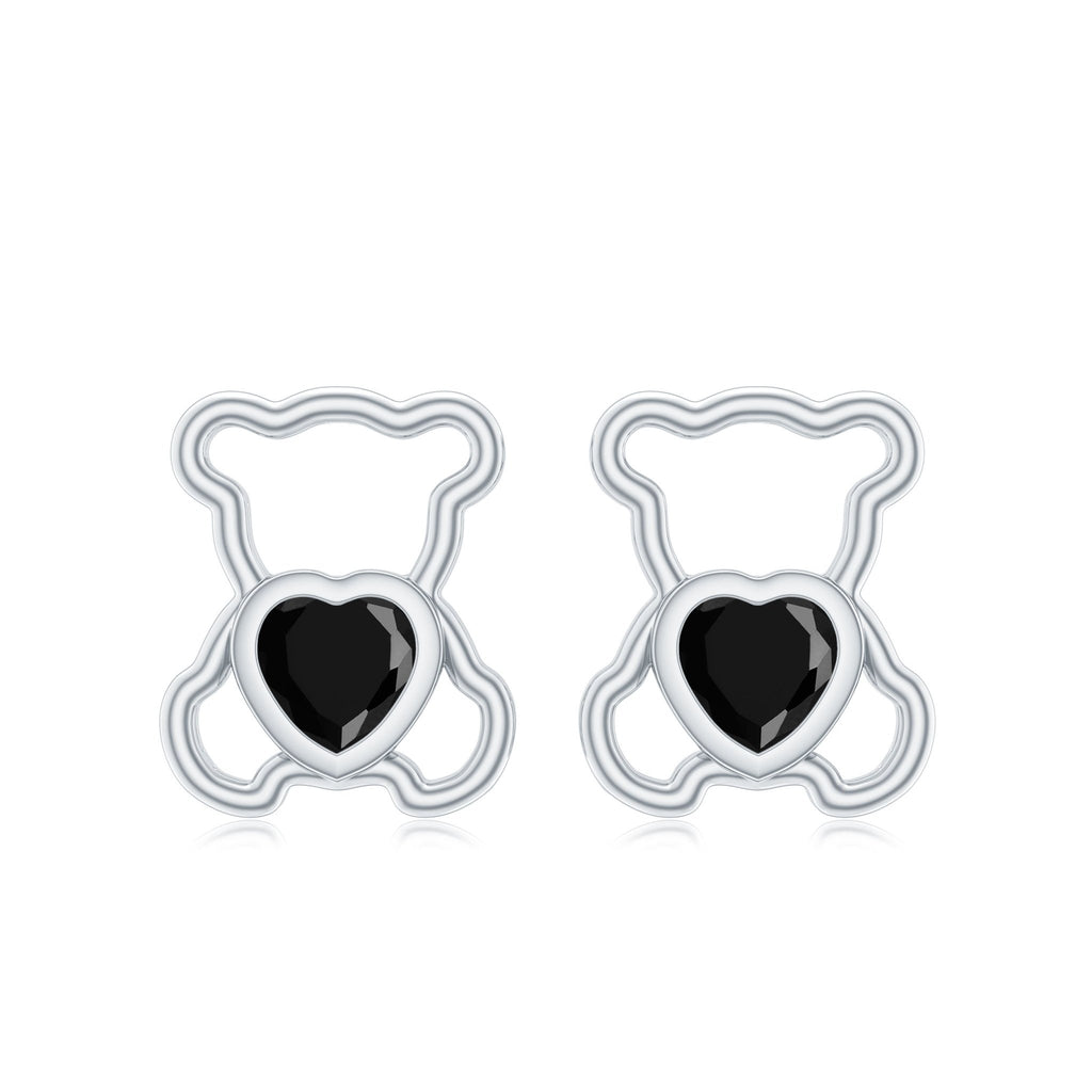 Heart Shape Lab Created Black Diamond Teddy Bear Stud Earrings