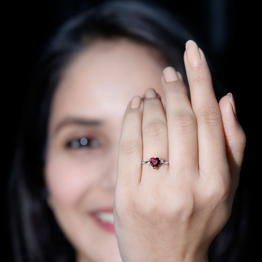 Heart Shape Lab Grown Ruby Solitaire Promise Ring with Diamond
