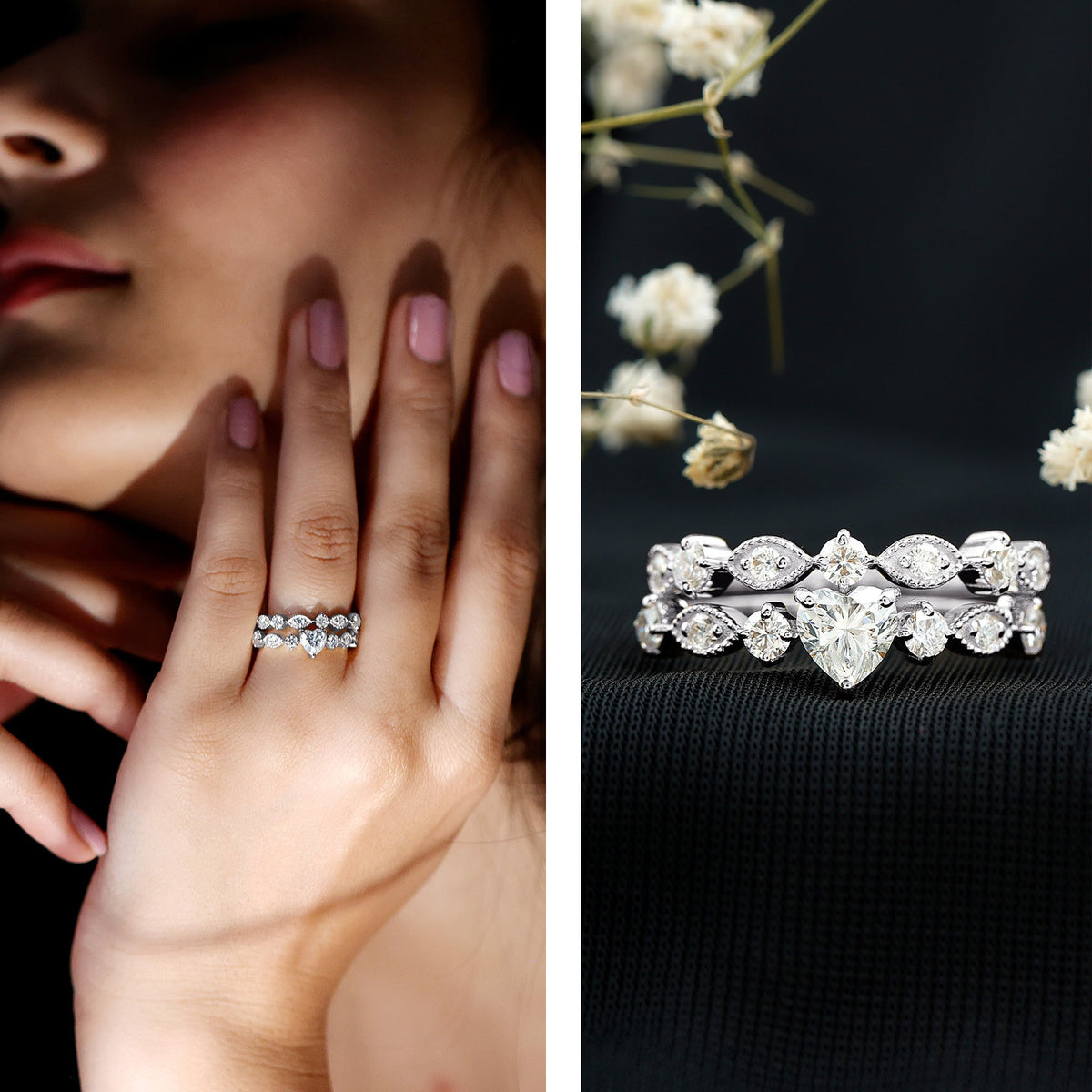 Heart Shape Moissanite Vintage Wedding Ring Set
