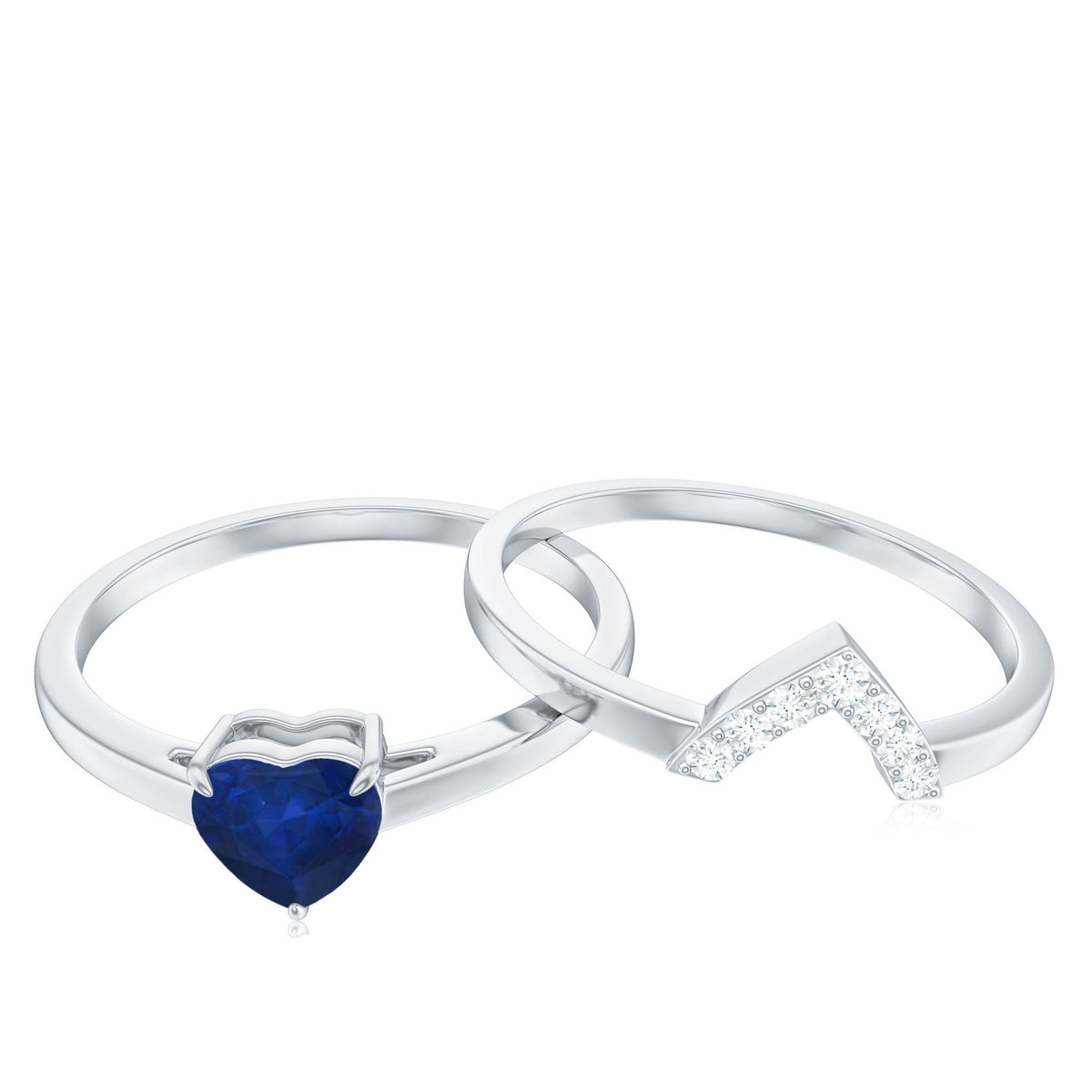 Heart Shape Sapphire Ring Set, Blue Sapphire Diamond Chevron Band