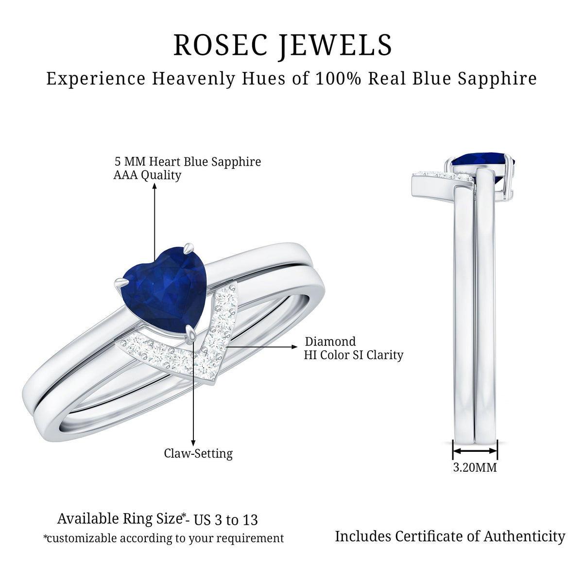 Heart Shape Sapphire Ring Set, Blue Sapphire Diamond Chevron Band