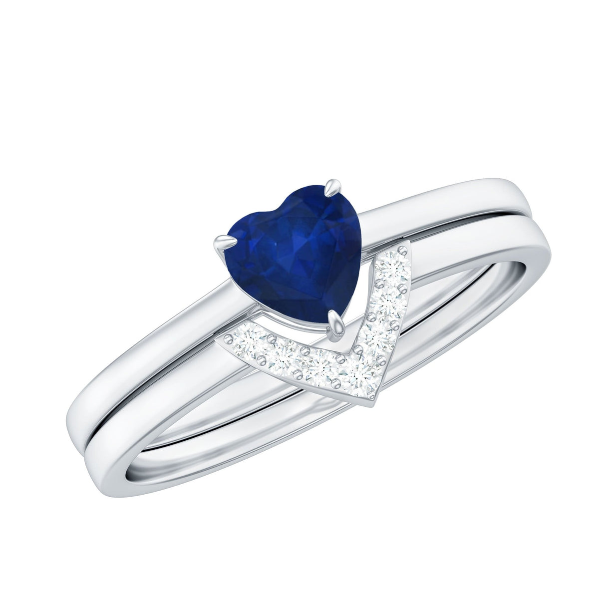 Heart Shape Sapphire Ring Set, Blue Sapphire Diamond Chevron Band