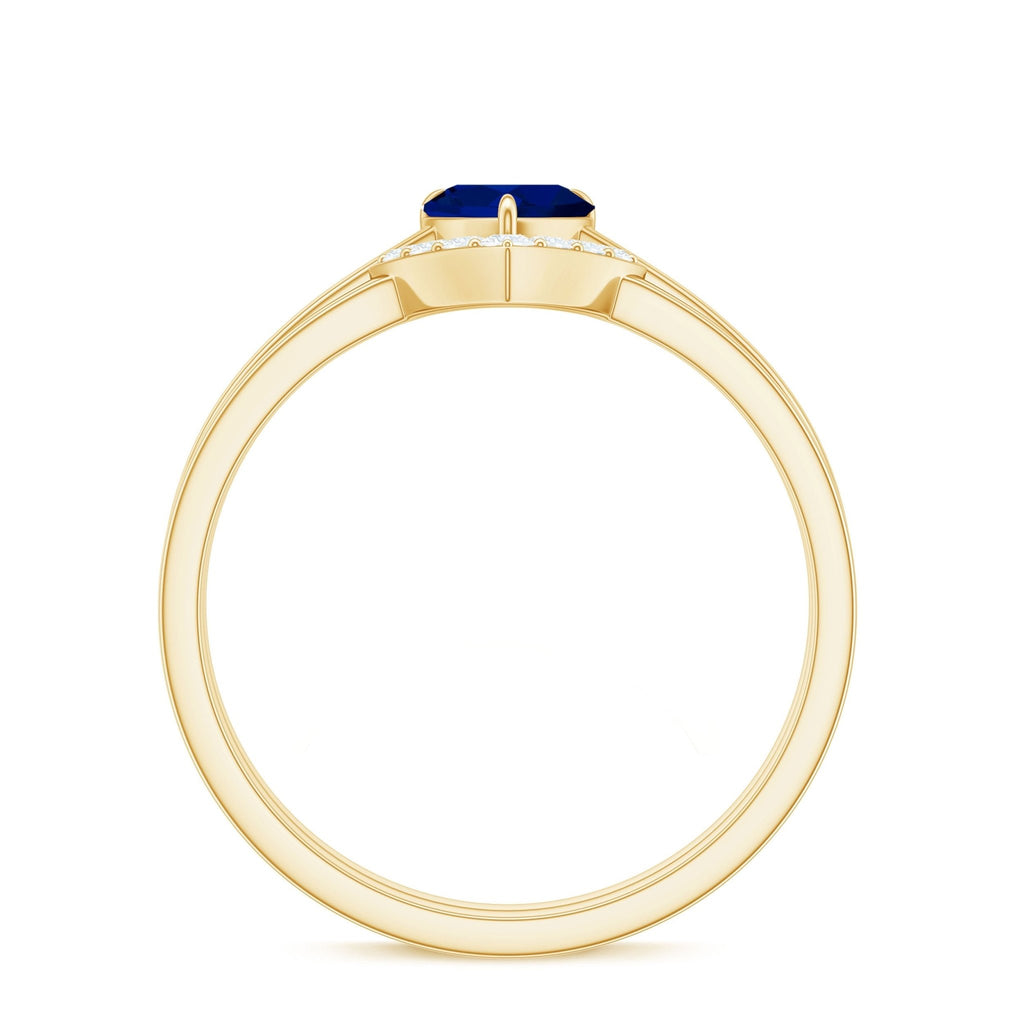 Heart Shape Sapphire Ring Set, Blue Sapphire Diamond Chevron Band