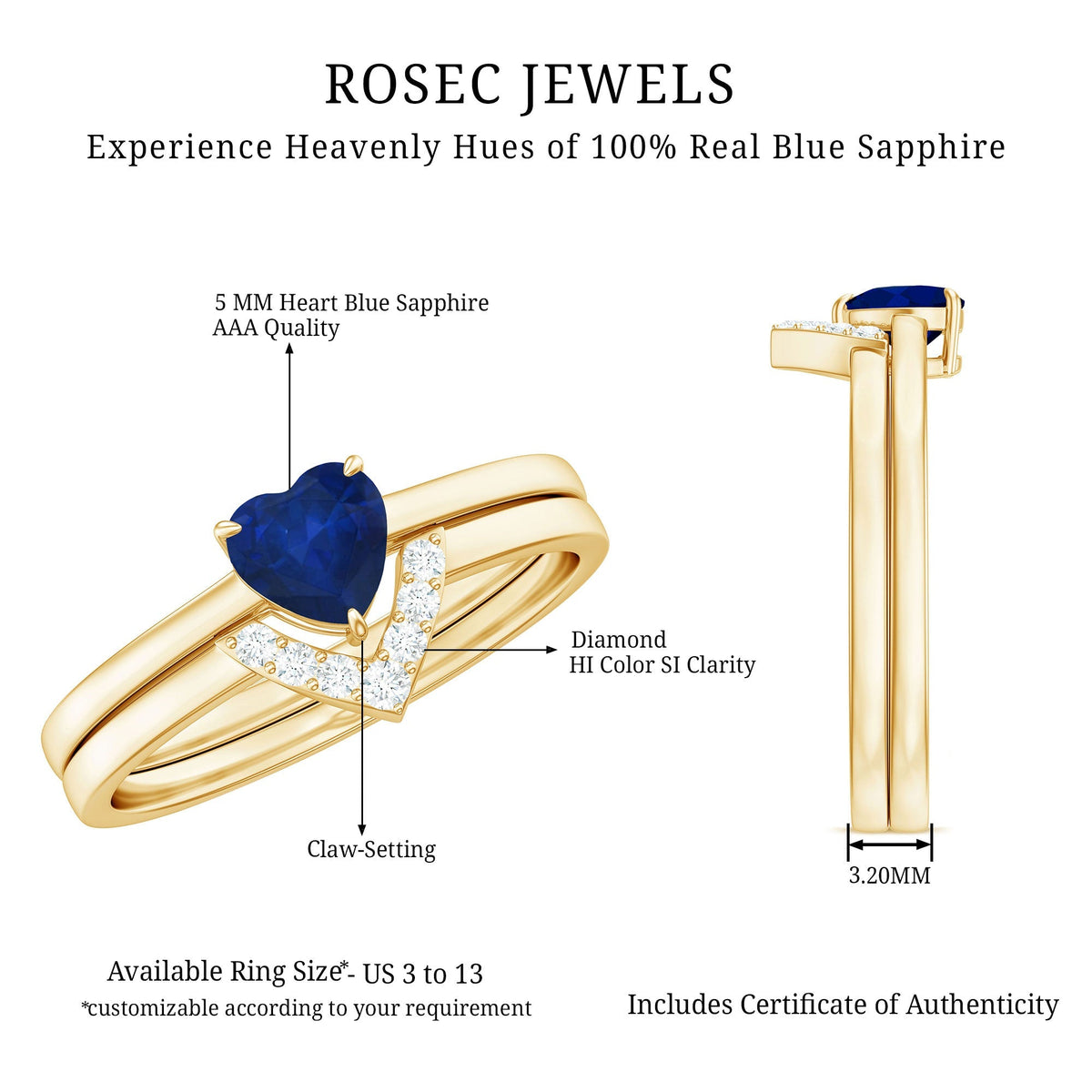 Heart Shape Sapphire Ring Set, Blue Sapphire Diamond Chevron Band