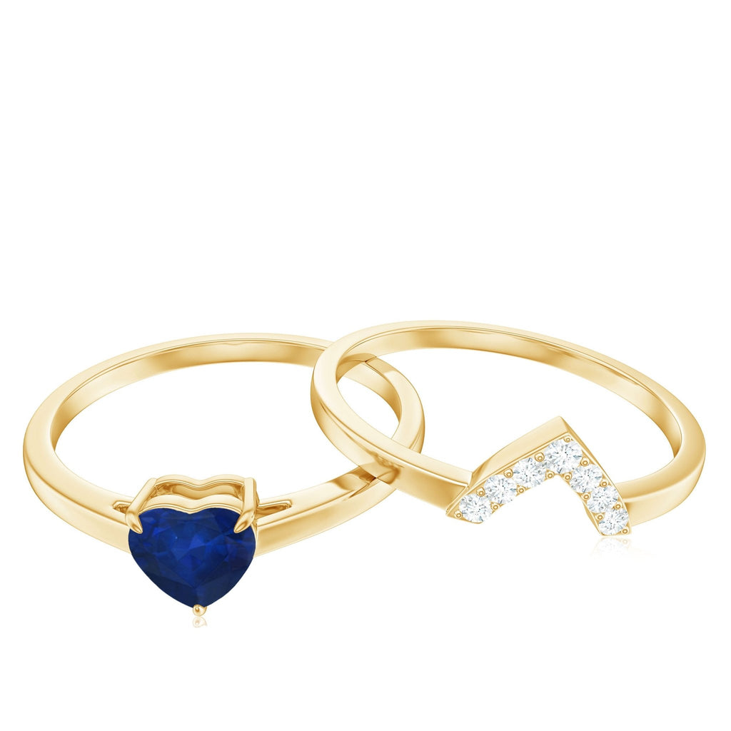 Heart Shape Sapphire Ring Set, Blue Sapphire Diamond Chevron Band