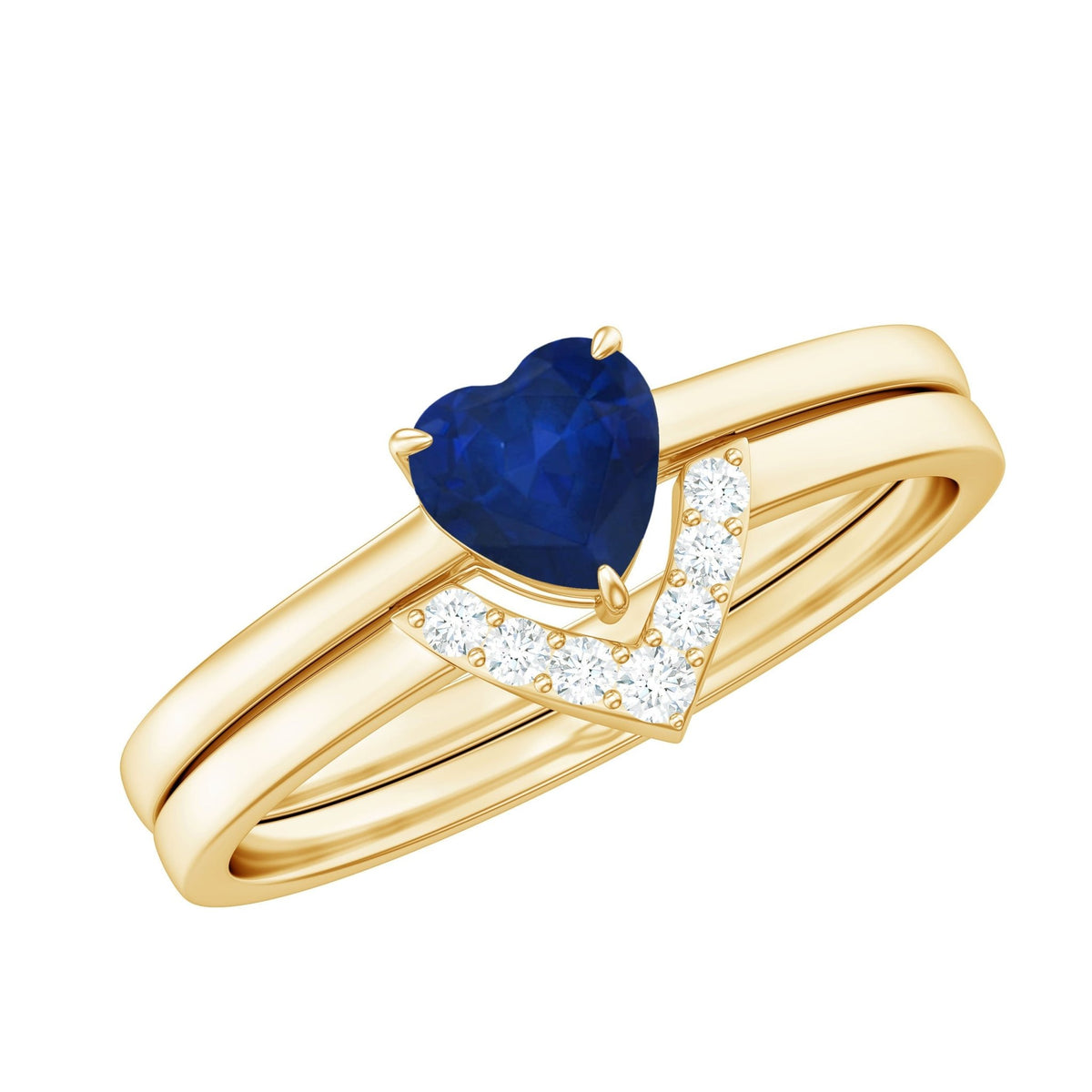 Heart Shape Sapphire Ring Set, Blue Sapphire Diamond Chevron Band