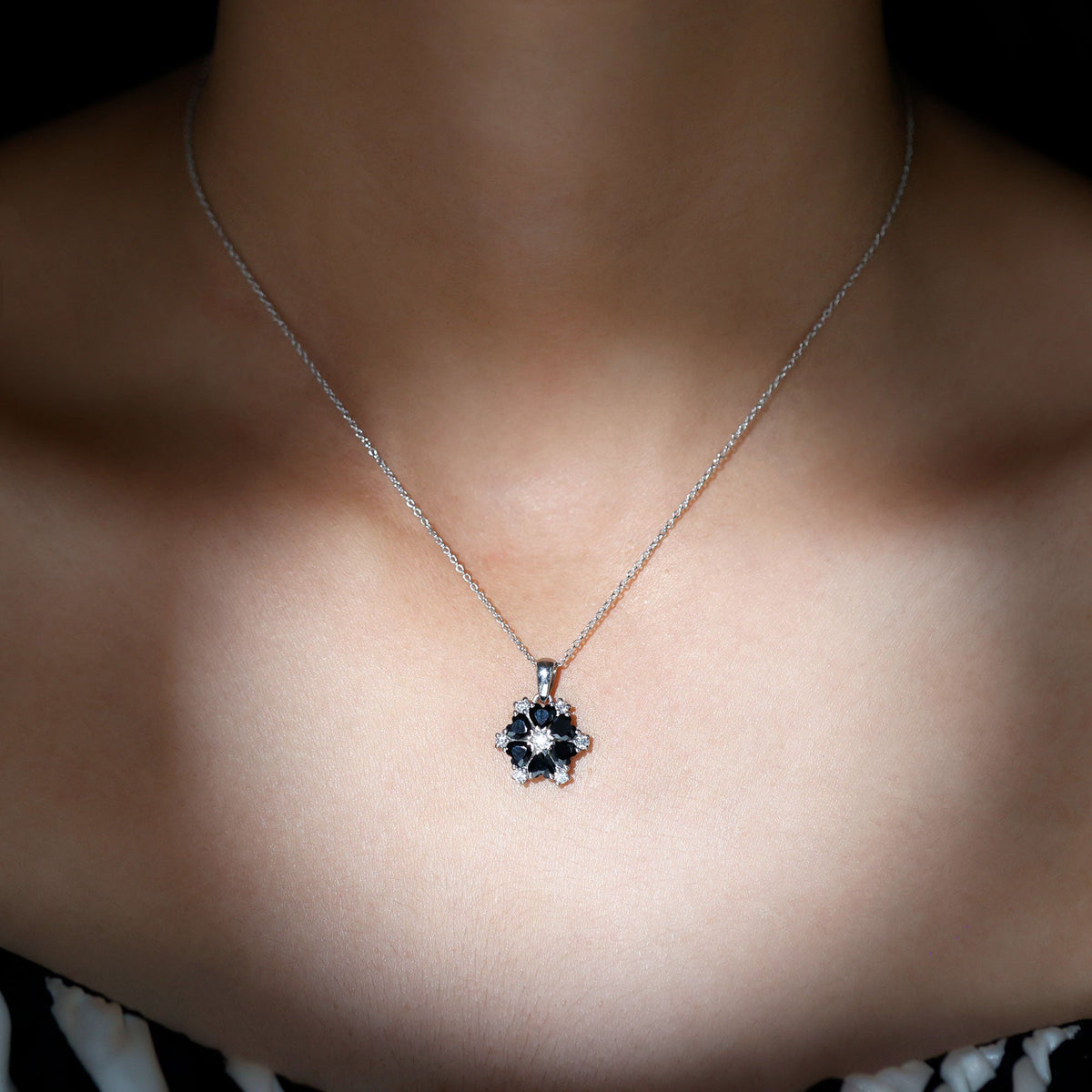 Heart Shaped Black Onyx Flower Pendant with Moissanite