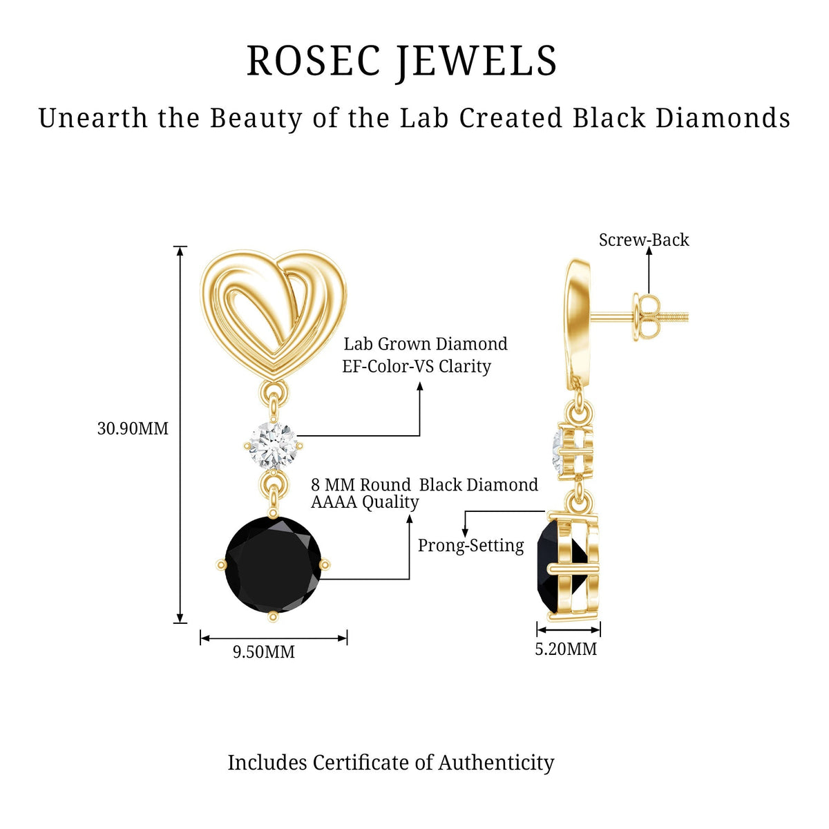 Heart Shaped Lab Grown Black Diamond Drop Earrings With Screw Back