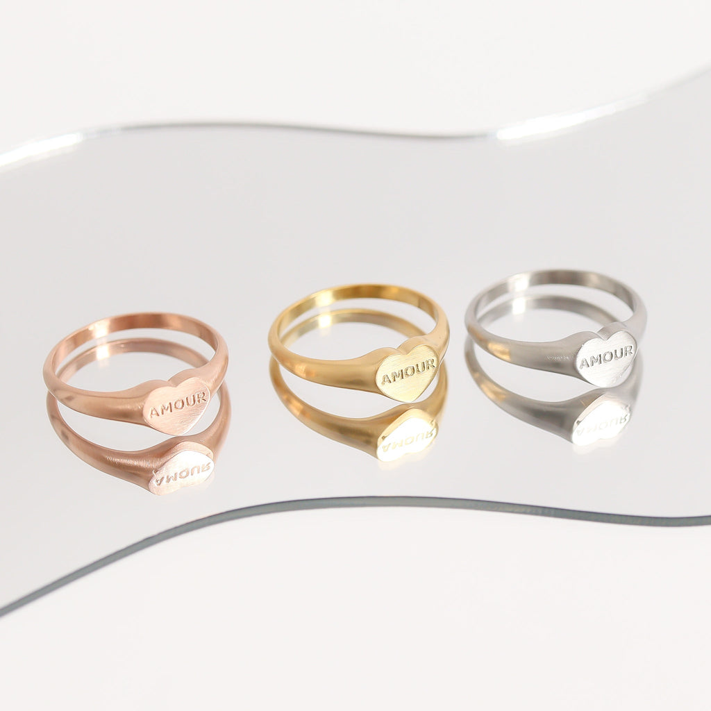 Heart Signet Ring – 18K Gold PVD Stainless Steel Polished Metal Band - Rings | Sunflower Soul Boutique