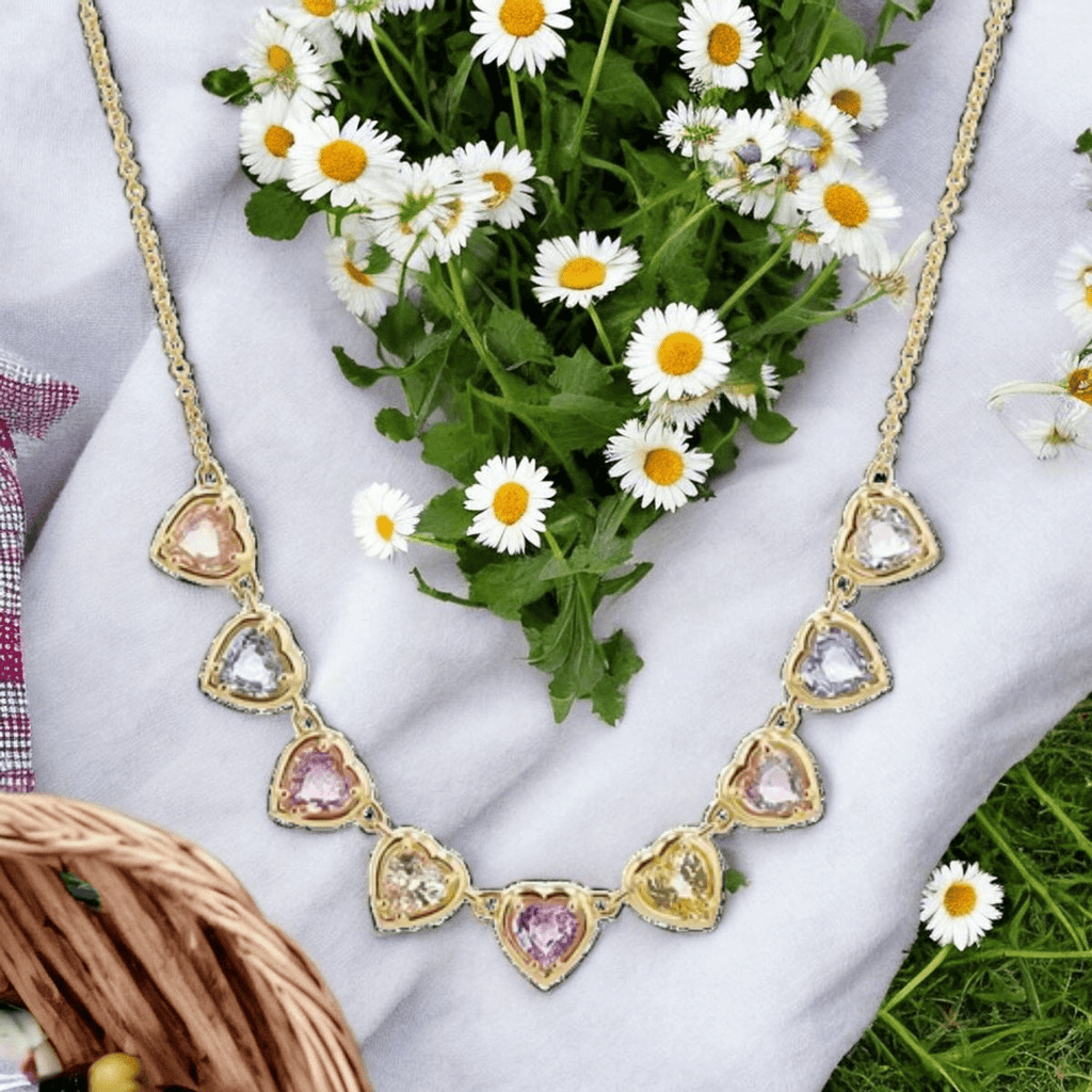 Hearts All Around Necklace - Colorful CZ Heart Charms | 14K Gold Plated Sterling Silver