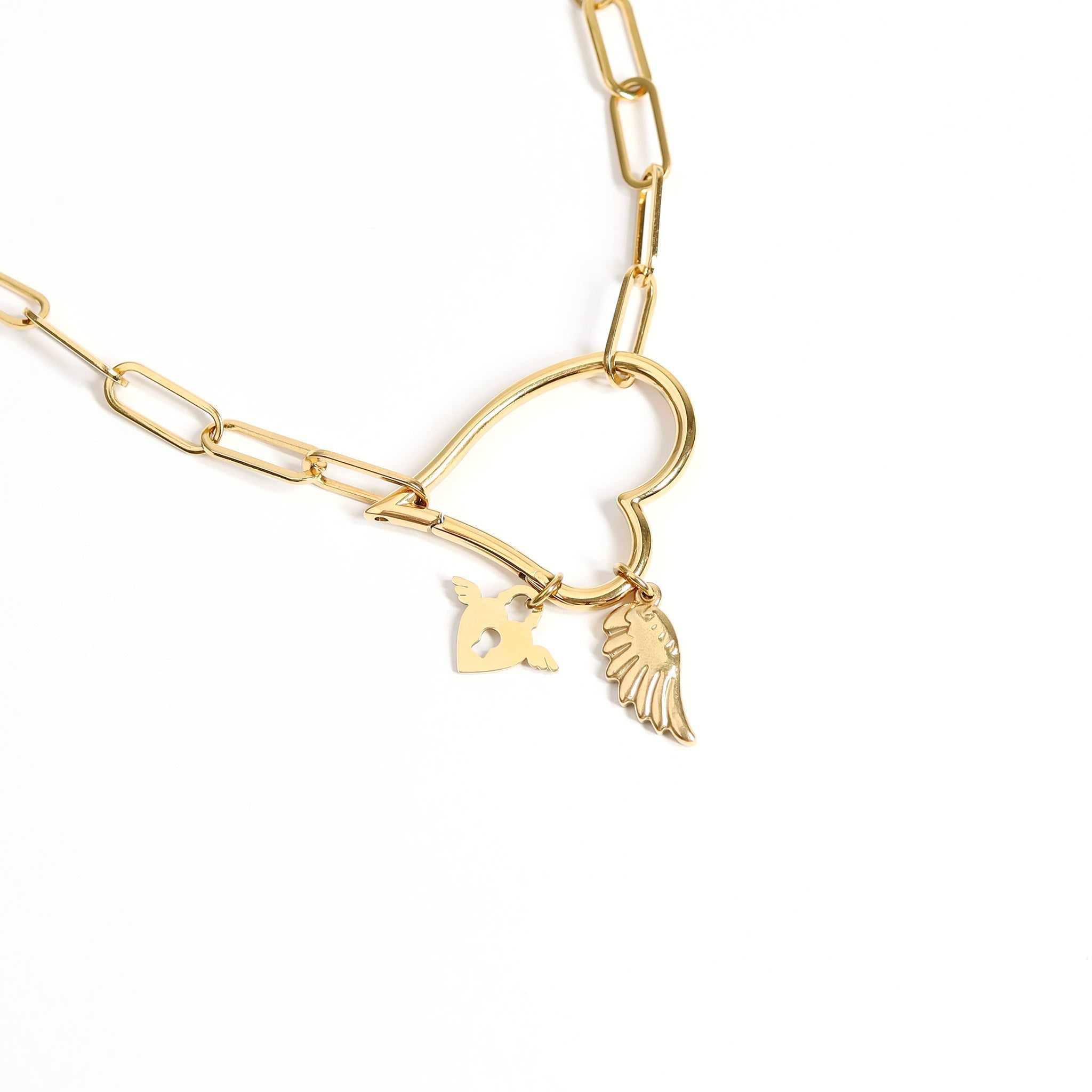 Winged Heart Lock Charm – 18K Gold Plated Stainless Steel Hypoallergenic Jewelry