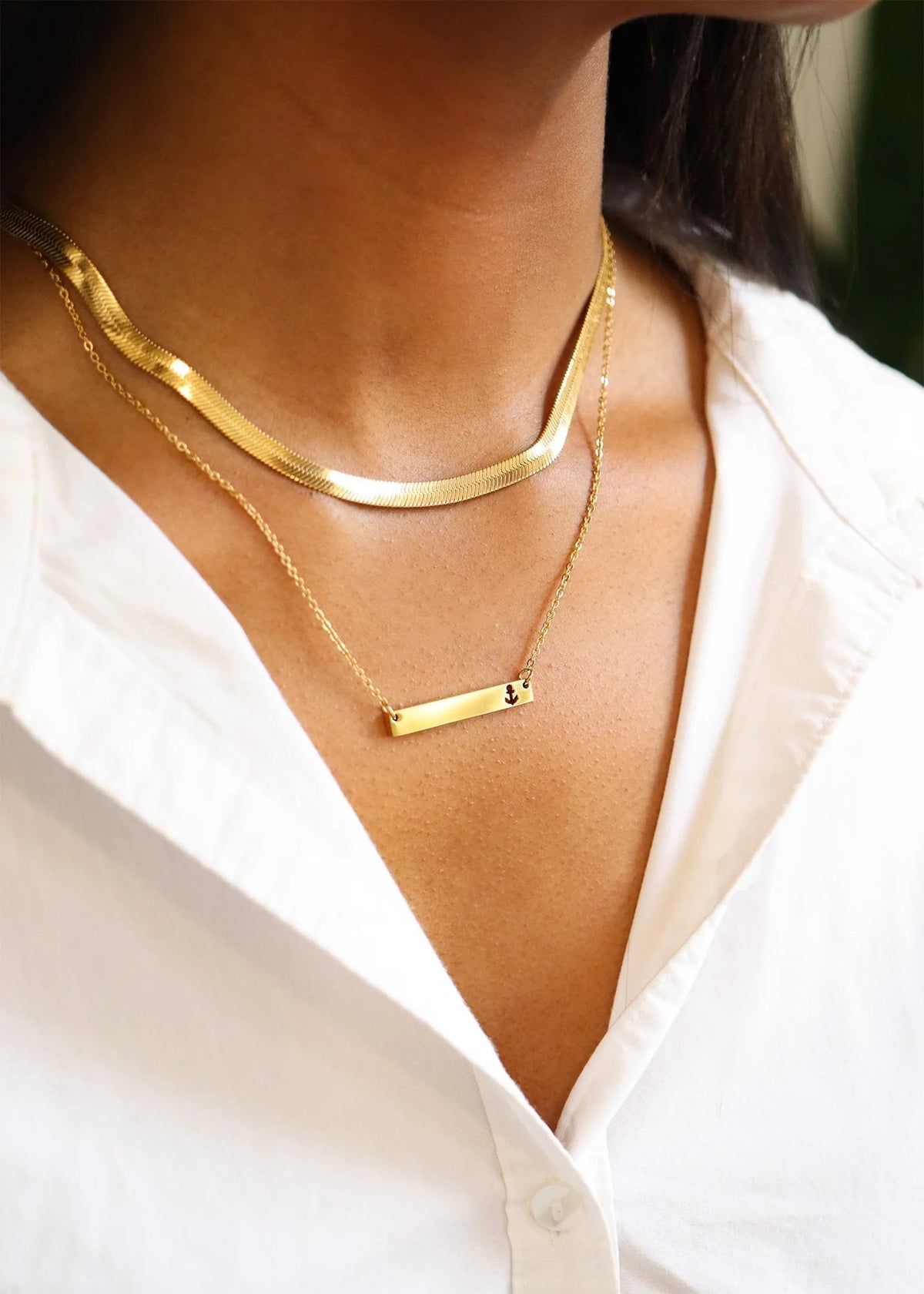 Anchor Cutout Horizontal Stainless Steel Bar Necklace Lifestyle