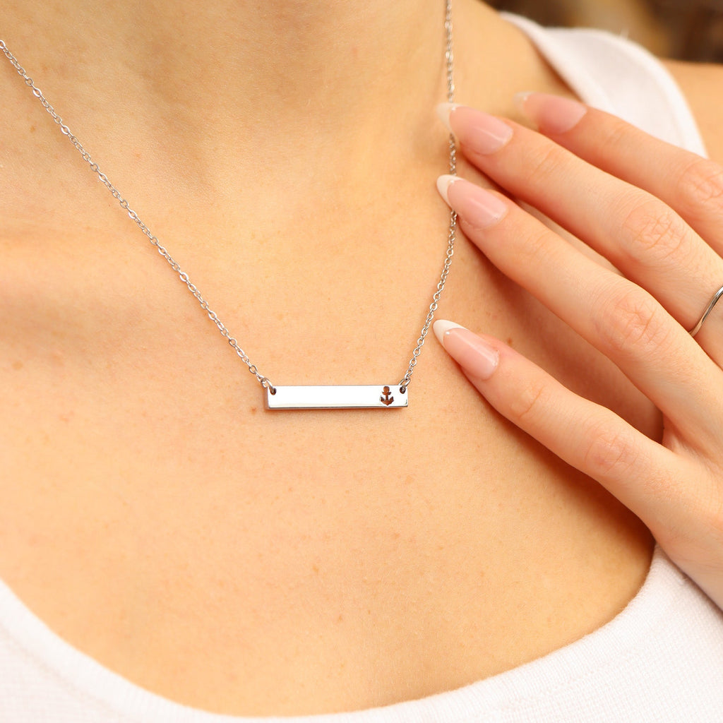 Anchor Cutout Horizontal Stainless Steel Bar Necklace Lifestyle