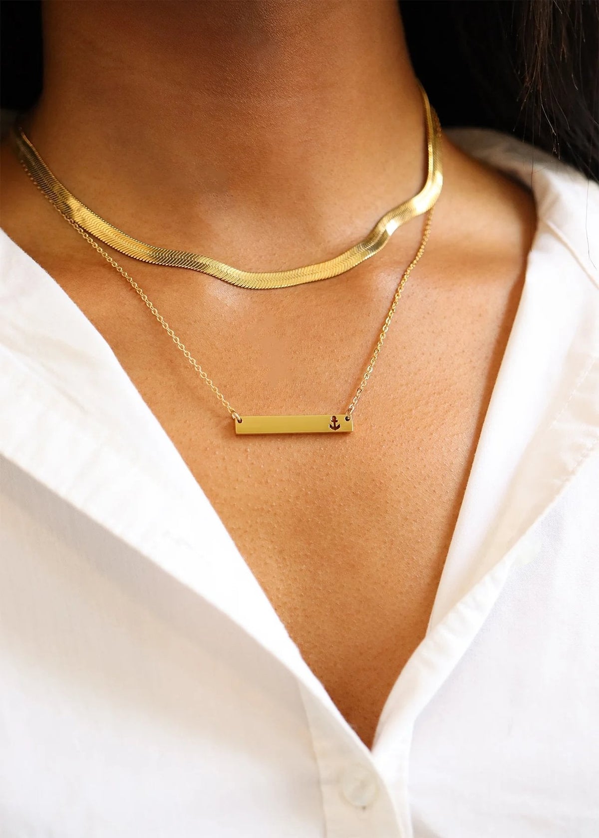 Anchor Cutout Horizontal Stainless Steel Bar Necklace Lifestyle