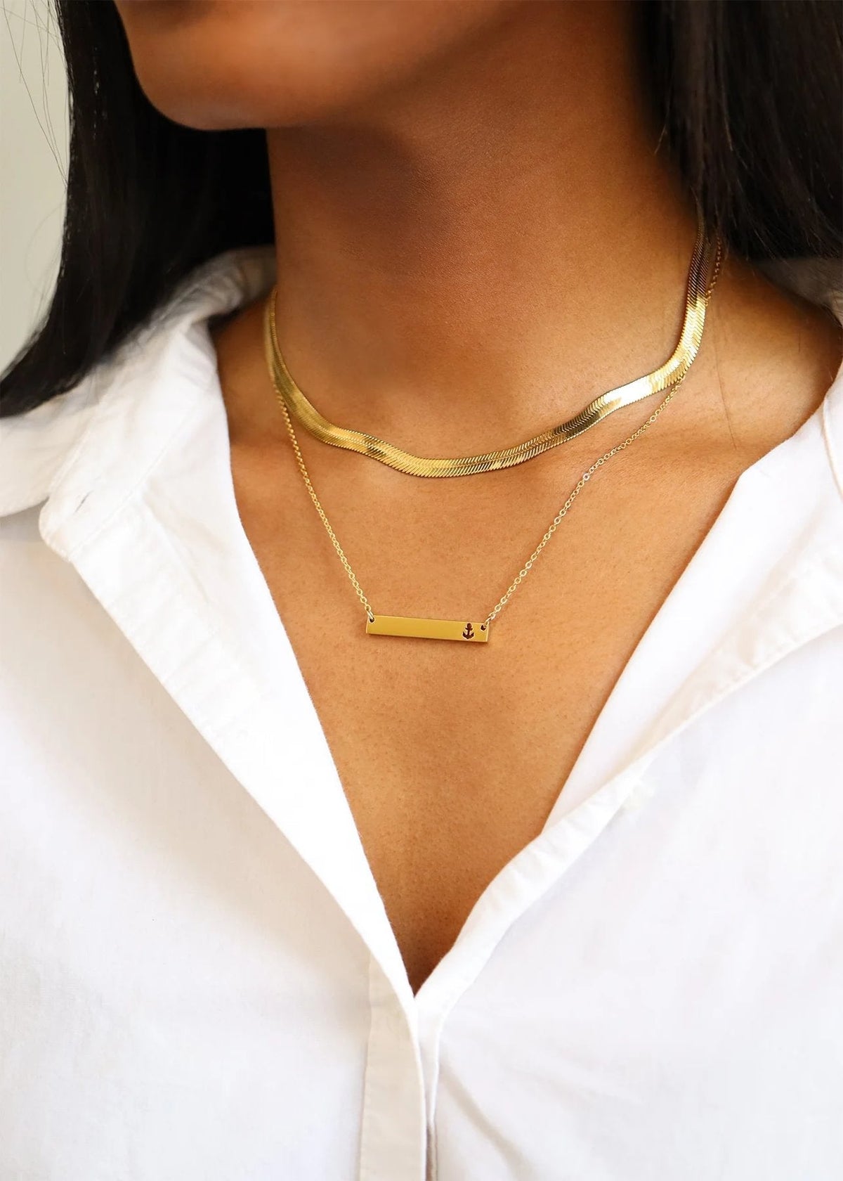 Anchor Cutout Horizontal Stainless Steel Bar Necklace Lifestyle