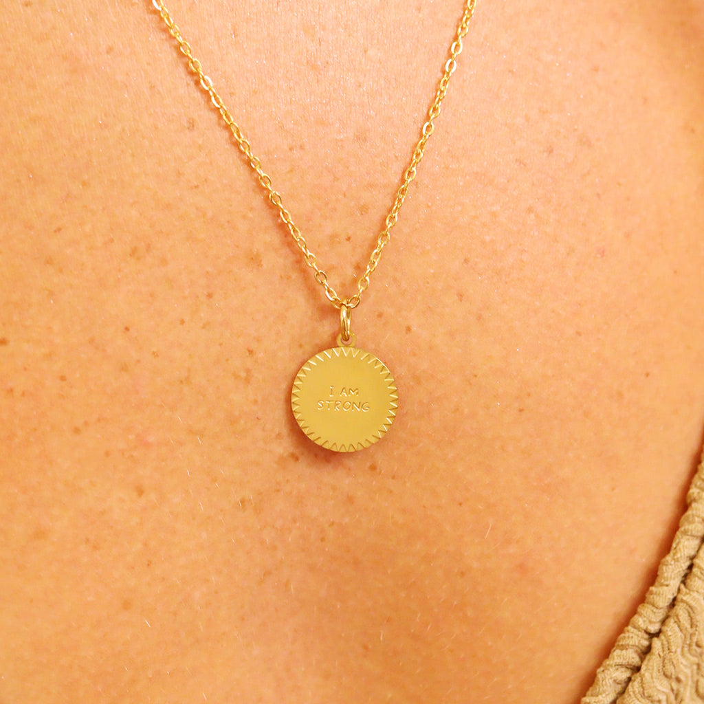18K Gold Charm – Inspirational Stainless Steel Pendant | I Am Strong Jewelry Accent