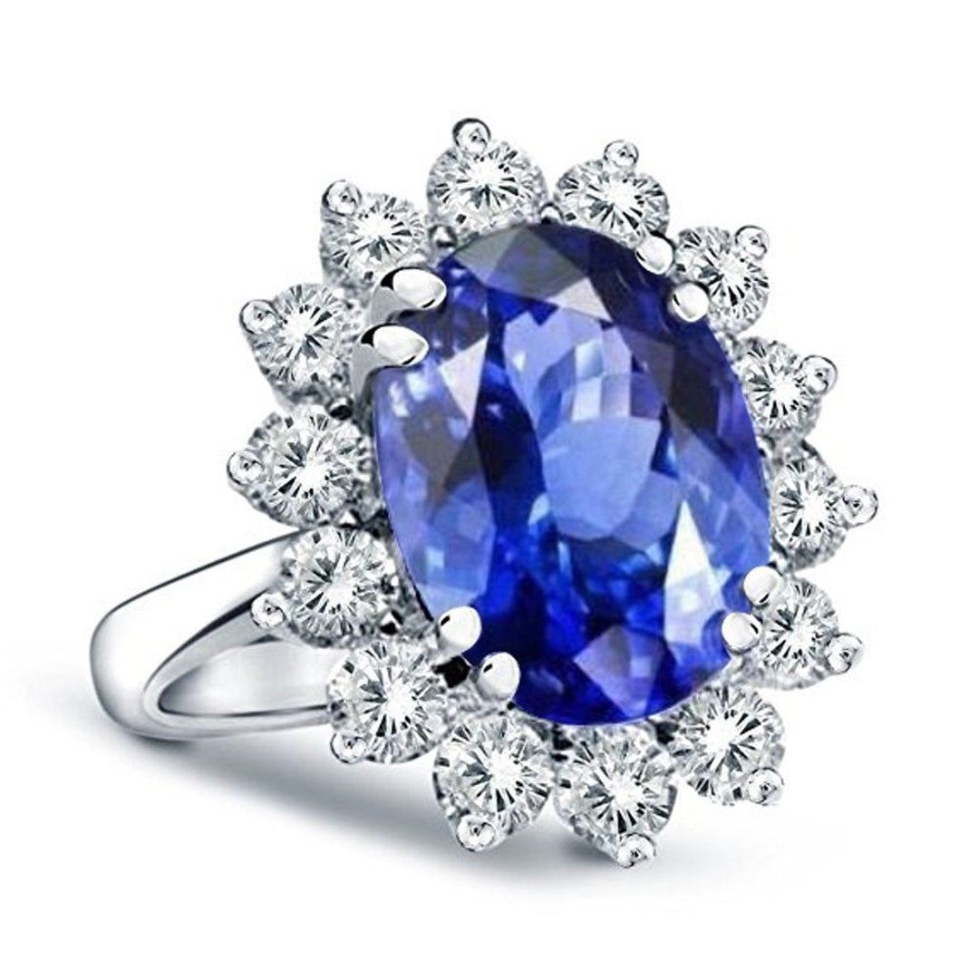 Lab Grown Sapphire Ring – Princess Diana Oval Sapphire Diamond Halo in 14K White Gold