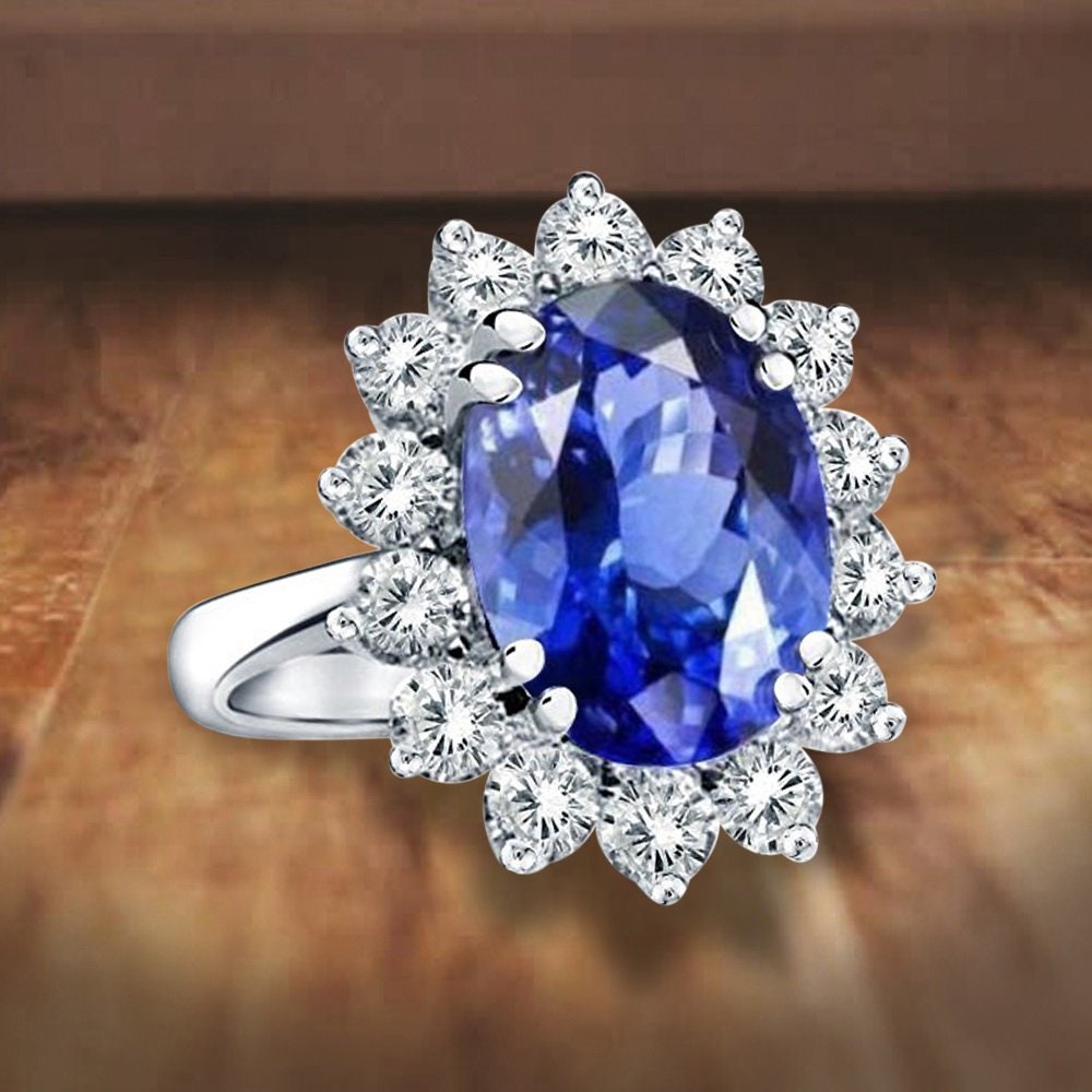 Lab Grown Sapphire Ring – Princess Diana Oval Sapphire Diamond Halo in 14K White Gold