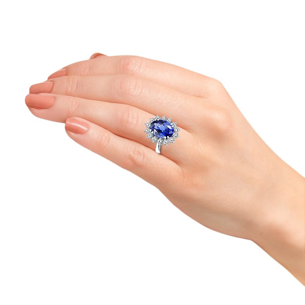 Lab Grown Sapphire Ring – Princess Diana Oval Sapphire Diamond Halo in 14K White Gold