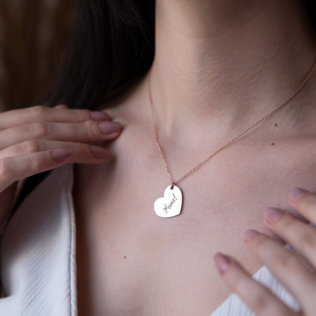Handwriting Necklace, Sterling Silver Engraved Heart Pendant
