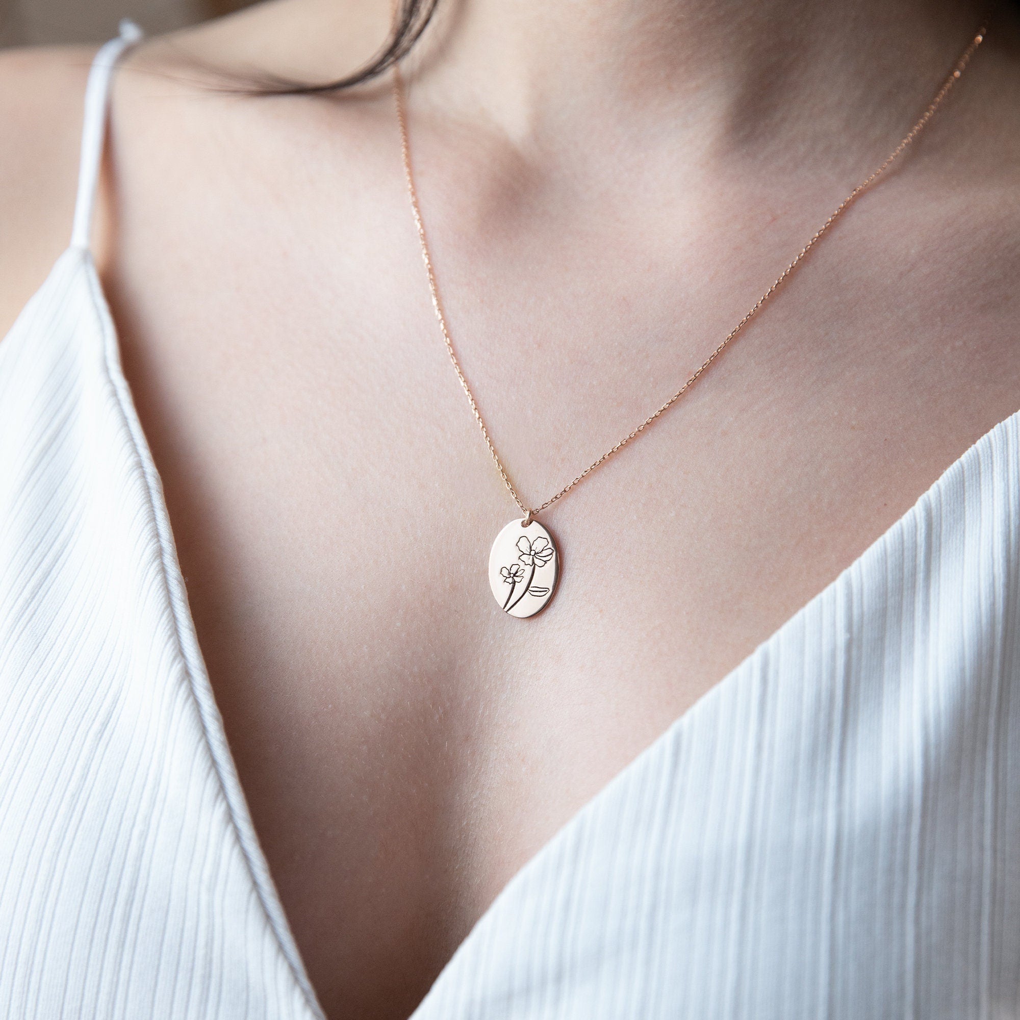 Birth Flower Necklace, Sterling Silver Handwritten Engraving