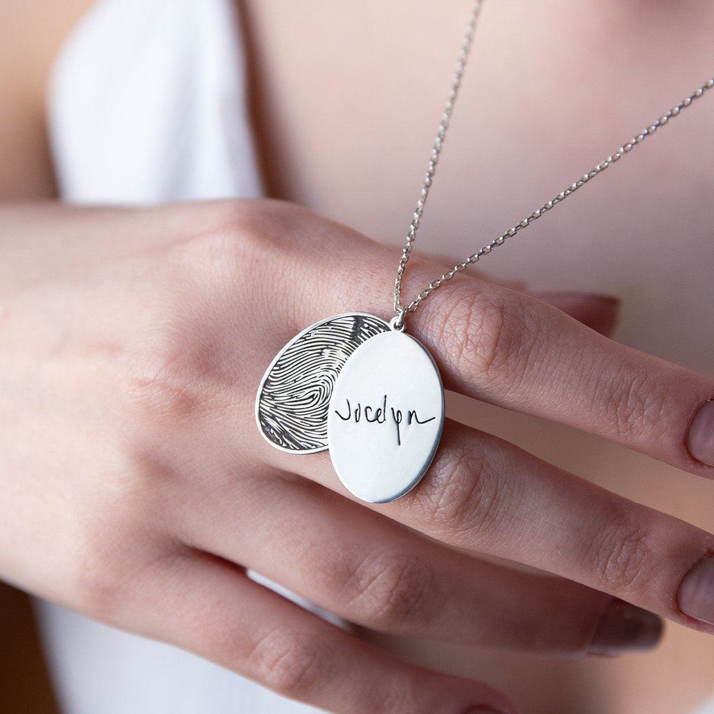 Personalized Fingerprint Necklace, Sterling Silver Oval Memorial