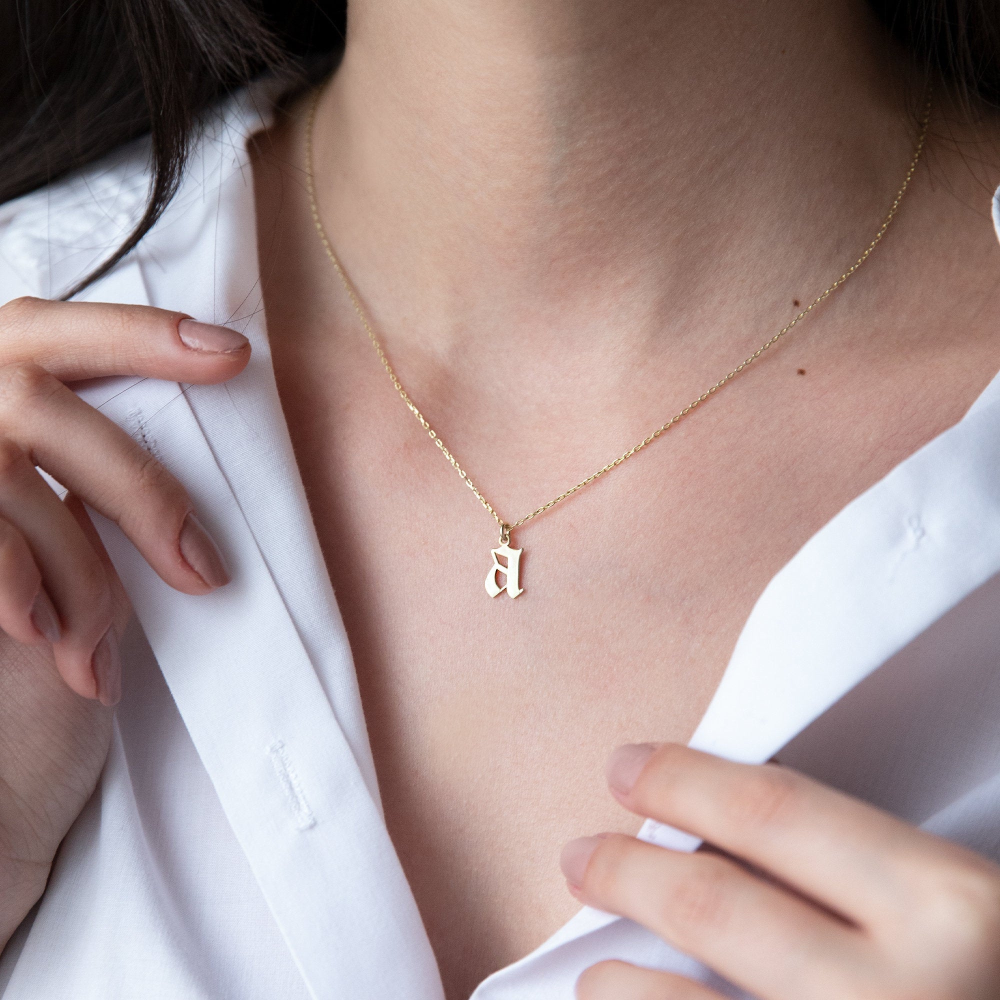 Old English Letter Necklace, 925 Sterling Silver Initial Pendant