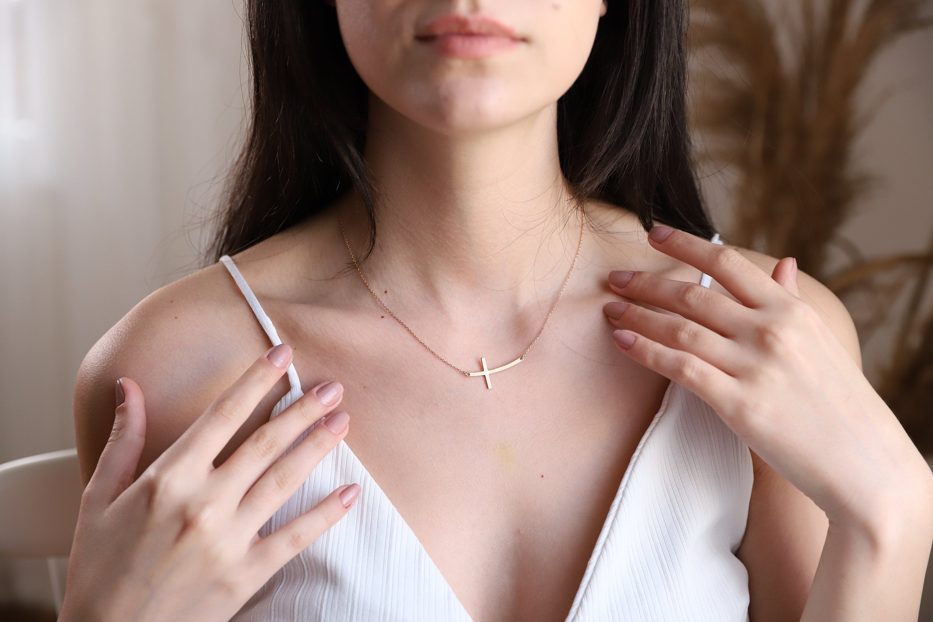 Sterling Silver Cross Necklace, Dainty Minimalist Design For Her