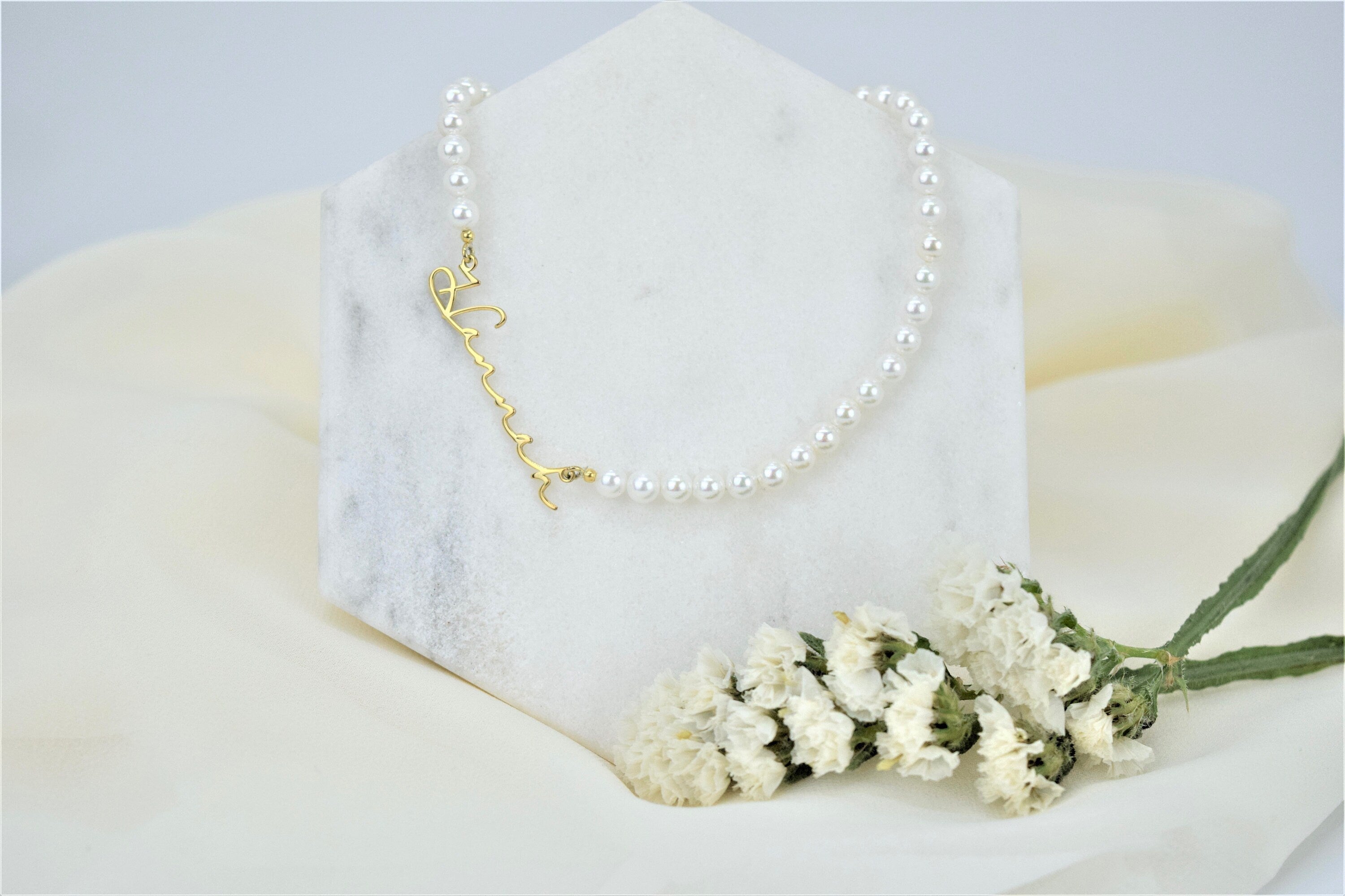 Personalized Pearl Name Necklace, 925 Sterling Silver, Handmade