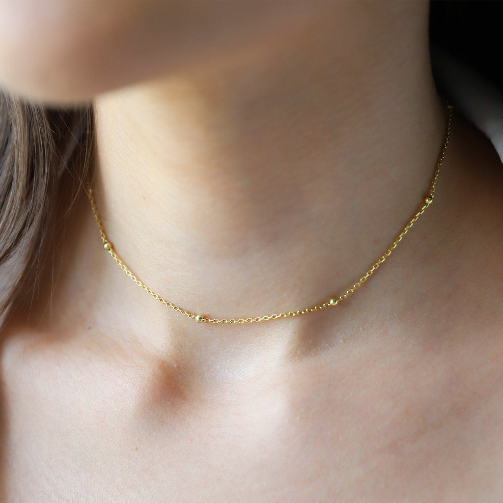 Gold Beaded Satellite Necklace, Sterling Silver Dainty Chain